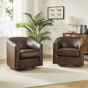 Meroy 30.5 in. Wide Brown Modern Swivel Barrel Faux Leather Chair with Solid Wood Base Set of 2