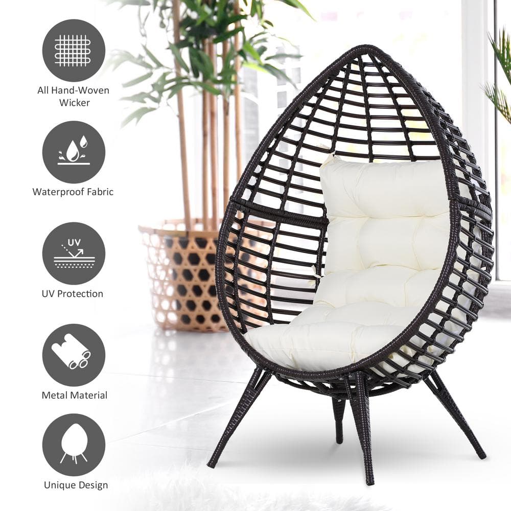 Beige Wicker Teardrop Lounge Chair with Cushion