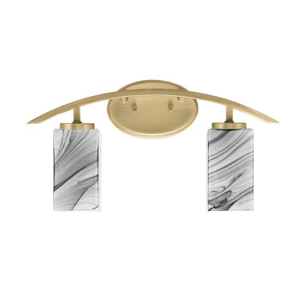 Unbranded Siena 18.25 in. 2-Light Vanity Light New Age Brass with 3.5 in. Square Onyx Swirl Glass Shades, No Bulbs Included