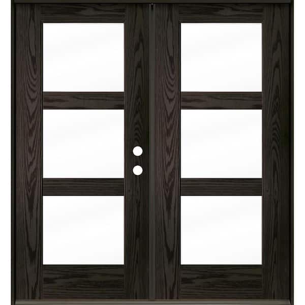 Modern 72 in. x 80 in. 3-Lite Left-Active/Inswing Clear Glass Baby Grand Stain Double Fiberglass Prehung Front Door