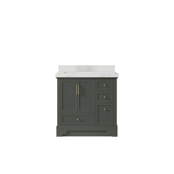Willow Collections Alys 36 in. W x 22 in. D x 36 in. H Left Offset Sink Bath Vanity in Pewter Green with 2 in. Calacatta Nuvo Qt. Top