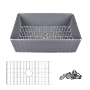 Gray Fireclay 33 in. L x 18 in. W Rectangular Single Bowl Farmhouse Apron Kitchen Sink with Grid and Strainer