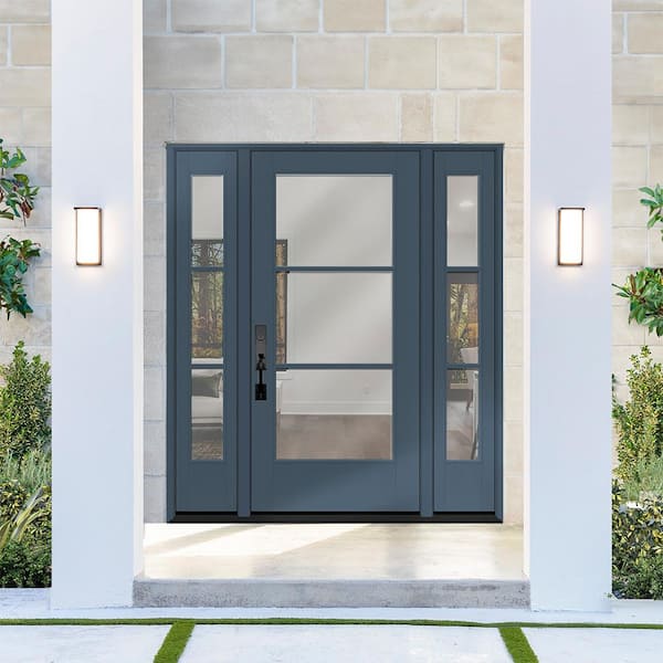 Legacy 64 in. x 80 in. Icon 3 Lite Modern Clear Glass RHIS D Denim Mahogany Fiberglass Prehung Front Door DBL 12 in. SL