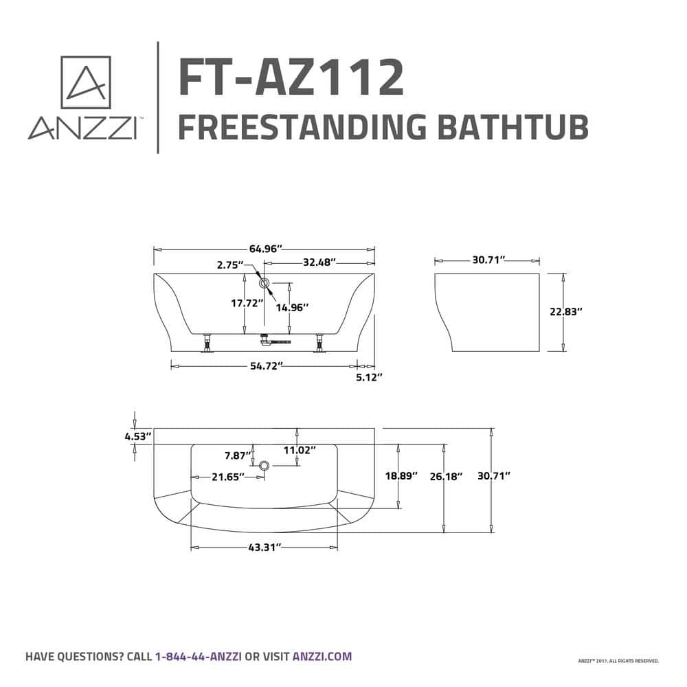Glossy White 65'' Freestanding Acrylic Soaking Bathtub