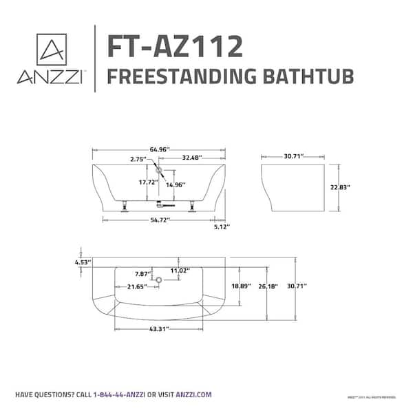 Bank Series 65 in. x 31 in. Flat Bottom Acrylic Freestanding Soaking Bathtub with Center Drain in Glossy White