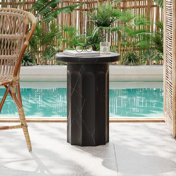 CHRISTOPHER KNIGHT HOME Elion Outdoor Patio Round Side Table, Concrete, MGO, Black Marble Design