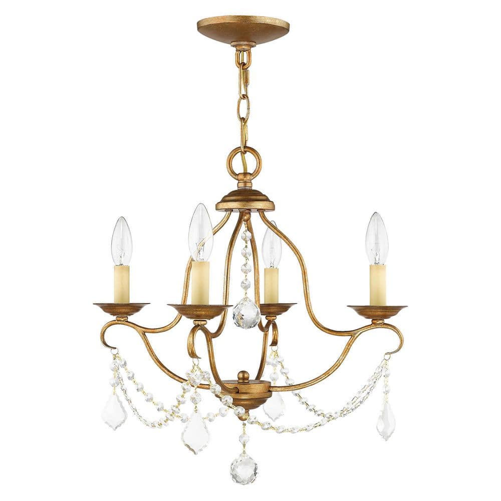 Antique Gold Leaf Brass Mini 4-Light Chandelier with Crystal Accents