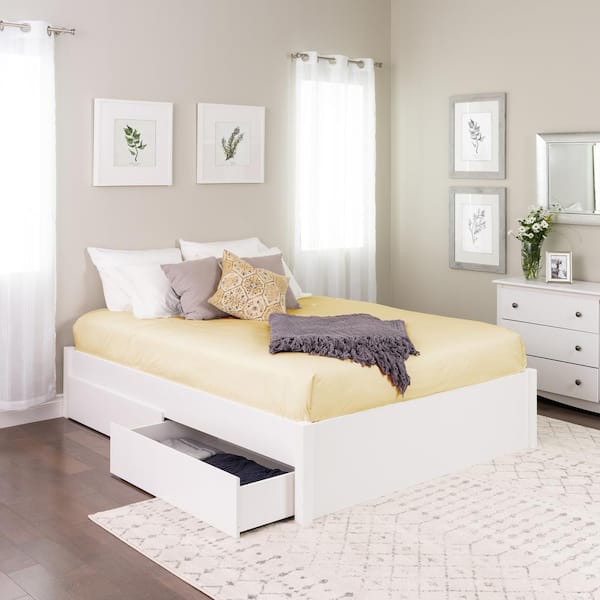 White Queen 4 Post Platform Bed With, Wooden Bed Frame With Drawers Queen
