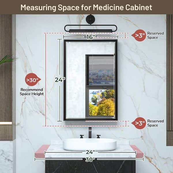 KeonJinn 17 in. W x 25 in. H Rectangular Brass Aluminum Alloy Black Framed Recessed/Surface Mount Medicine Cabinet with Mirror