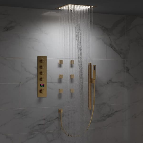 Merrin 15-Spray Patterns Dual Shower Head LED 16 in. Ceiling Mount Fixed and Handheld Shower Head in Brush Gold