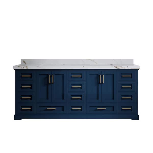 Willow Collections Boston 84 in. Double Sink Freestanding Navy Blue Bath Vanity with Calacatta Gold Qt. Top Unassembled