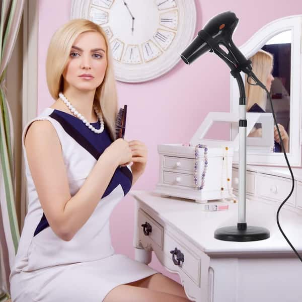1-Piece Adjustable 360° Rotating Hands-Free Metal Hair Dryer Stand in Gray, Holder for Bathroom, Vanity