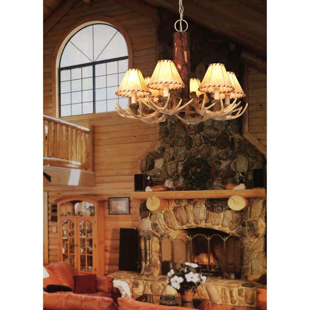 Rustic White Antler 22" Chandelier with Faux Leather Shades