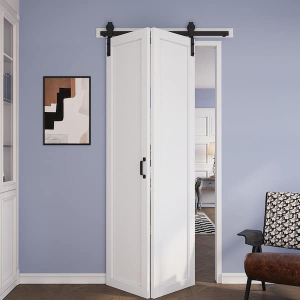 40 in. x 84 in. Assembled Bi-Fold 1 Panel White Primed DIY Available Solid Core MDF Sliding Barn Door with Hardware Kit