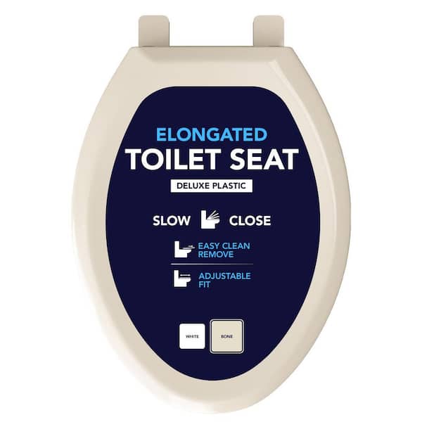 PLUMBFLEX Elongated Slow-Close Toilet Seat with Adjustable Hinges and Easy Removal in Bone Molded Plastic,  Standard Size Fit