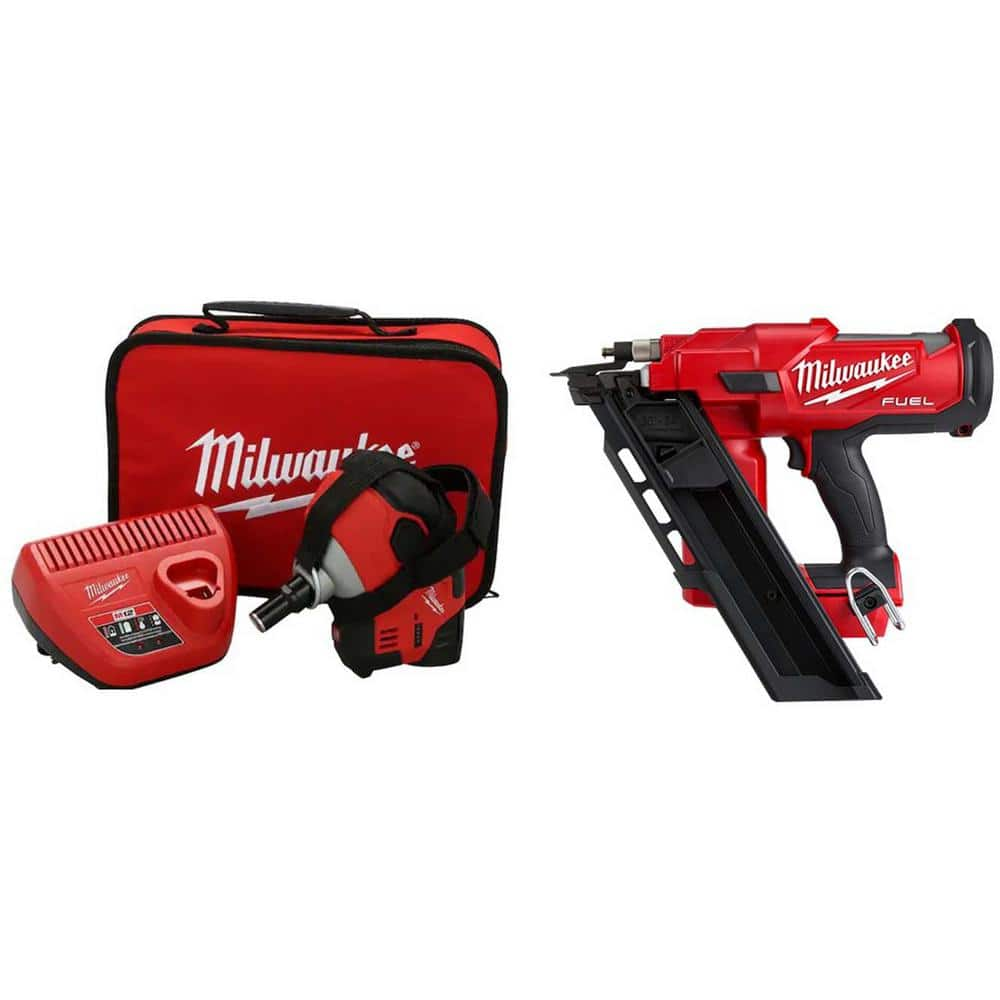 M12 Cordless Palm Nailer Kit with One 1.5Ah Battery, Charger with M18 FUEL 3-1/2 in. 18-Volt 30-Degree Framing Nailer -  Milwaukee, 2458-21-2745-20