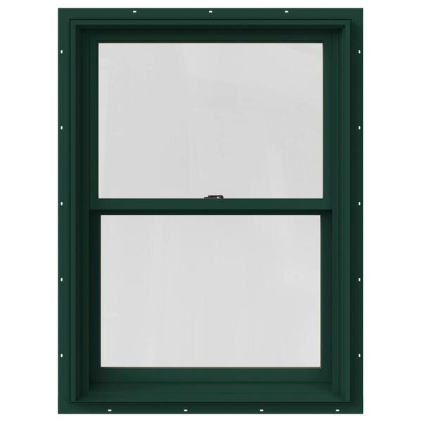 JELD-WEN 29.375 in. x 36 in. W-2500 Series Green Painted Clad Wood Double Hung Window w/ Natural Interior and Screen