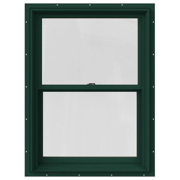 JELD-WEN 33.375 in. x 36 in. W-2500 Series Green Painted Clad Wood Double Hung Window w/ Natural Interior and Screen
