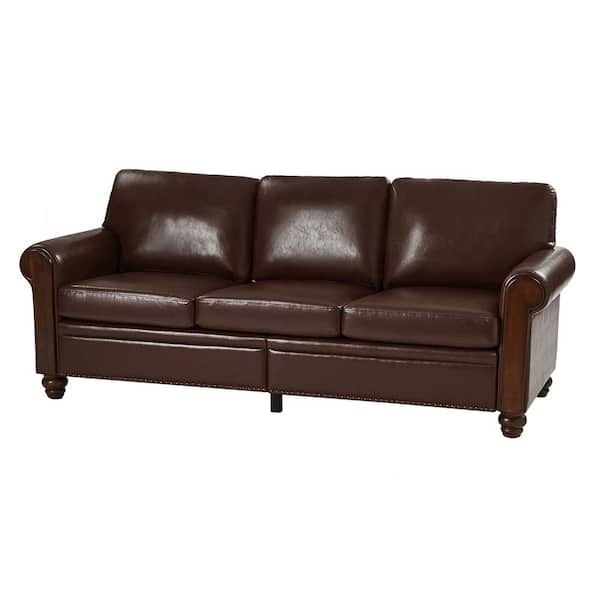 JAYDEN CREATION Felipe 81 in. Rolled Arm Faux Leather Rectangle Nail Head Trim Sofa in. Brown