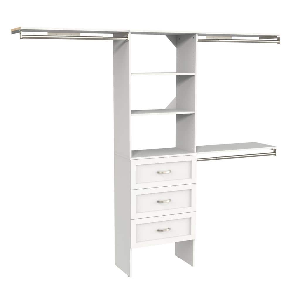 Style+ 73.1 in W - 121.1 in W White Basic Plus Floor Mount Wood Closet System KitWith Top Shelves and Shaker Drawers