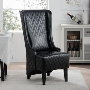 High-Back Black Faux Leather Arm Chair with Wingback Design, Birch Wood Legs