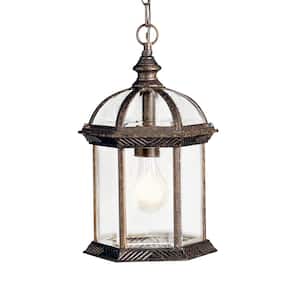 Barrie 1-Light Tannery Bronze Outdoor Porch Hanging Pendant Light with Clear Beveled Glass Panels (1-Pack)