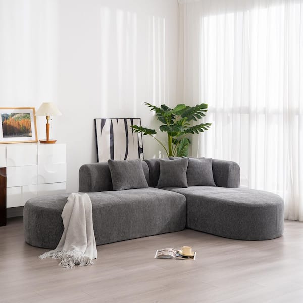 Harper & Bright Designs Stylish 107.5 in. Round Arm Chenille L-Shape Sectional Sofa in. Gray with Curved Seat and Wide Stitching