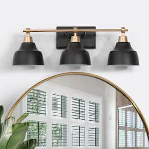 Modern Black Bathroom Vanity Light with Gold Arm, 24.5 in. 3-Light Metal Bell Bath Wall Sconce for Arched/Round Mirror