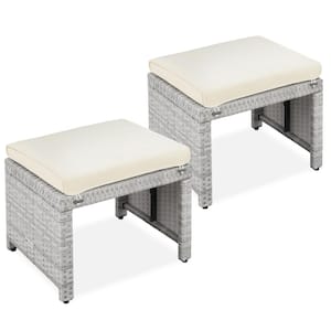 Gray Wicker Outdoor Ottoman with removeable Cream Cushion (2-Pack)