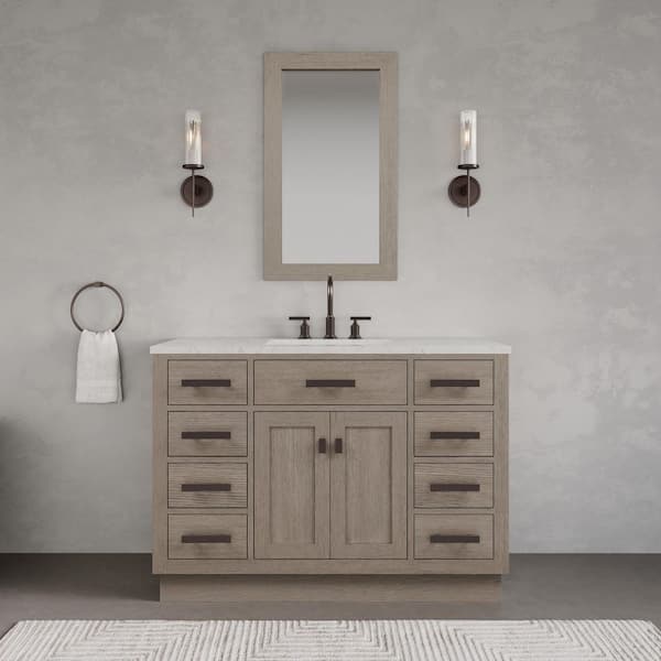 Water Creation Chestnut 48 in. W x 21.5 in. D x 34.2 in. H Single Sink Bath Vanity in Grey Oak with Carrara White Marble Top and Mirror