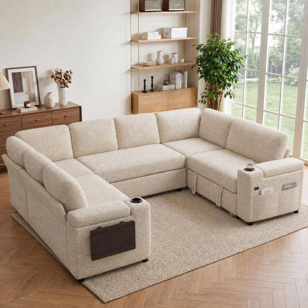 "108"" 8-Seat U Modular Chenille Sleeper Sectional,Storage Chaise,USB,Cup Holders,Side Table,Storage Arms," price history on PriceWatchPro