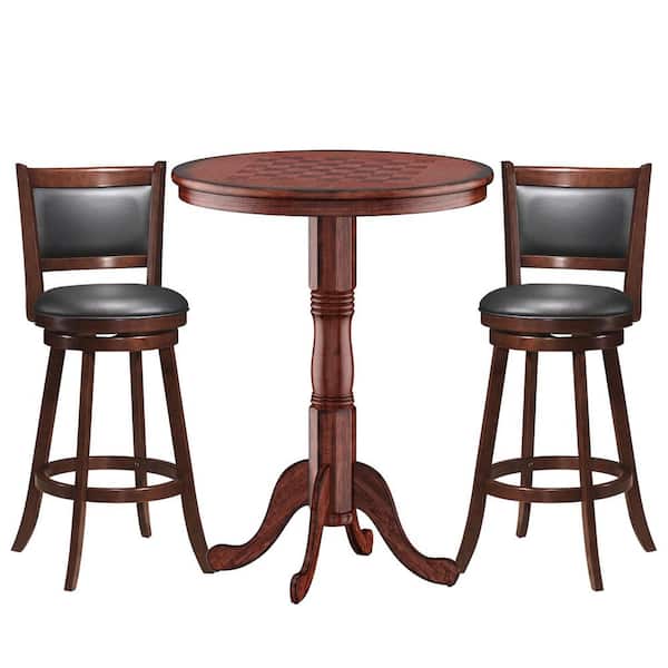 3-Piece 30 in. Round Wood Top Brown Bar Table and 2-Pice Swivel Bar Stools Bar Table Set