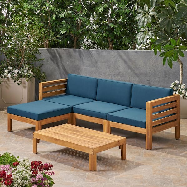 Noble House Cambridge Teak Brown 5 Piece Acacia Wood Patio Conversation Sectional Seating Set With Dark Teal Cushions 65591 - Is Teak Or Acacia Better For Outdoor Furniture