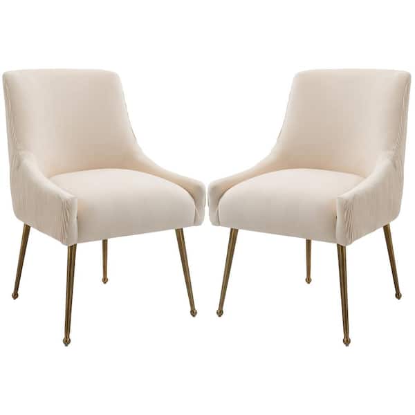 Boyel Living Soft Beige Velvet Upholstered Side Chair with Golden Legs (Set of 2)