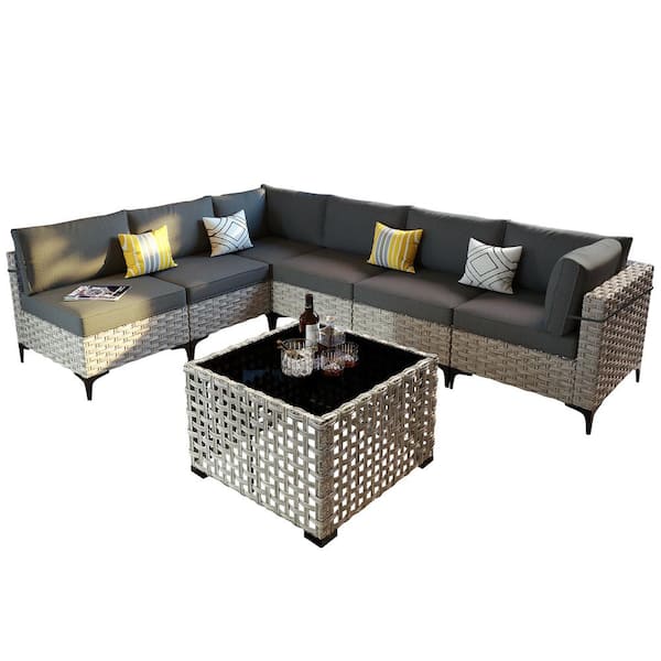 Apollo 7-Piece Wicker Outdoor Patio Conversation Seating Set with Black Cushions