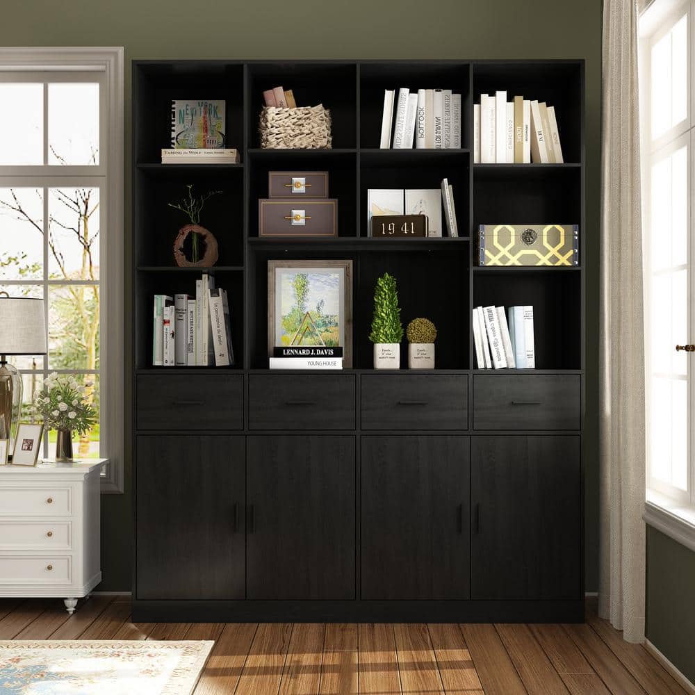 Famapy 15 Shelf Standard Bookshelf with Adjustable Shelves 4 Drawers Black