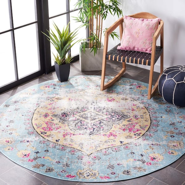 Montage Blue/Multi 7 ft. x 7 ft. Distressed Medallion Indoor/Outdoor Round Area Rug