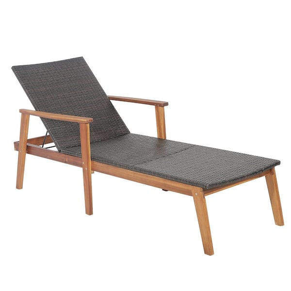Costway Outdoor Patio Rattan Chaise Lounge Chair Recliner Back Adjustable Acacia Wood Garden