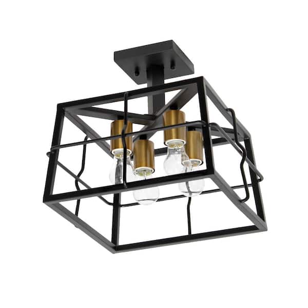 Elegant Designs 12.4 in. 4-Light Black Semi Flush Mount Fixture Industrial Farmhouse Caged Square Metal Frame Ceiling