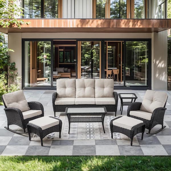 Black 7-Piece Wicker Patio Conversation Set with Rocking Chairs, Outdoor Sofa Seating Set with Olefin Beige Cushions