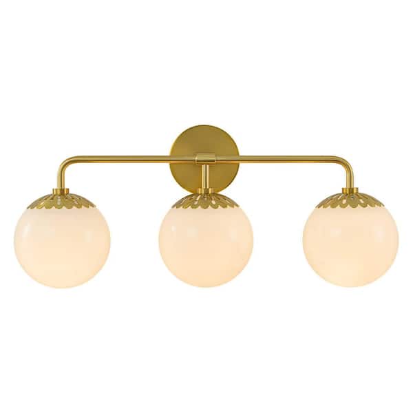 Ceder 23.6 in. W 3-Light Aged Brass Bathroom Vanity Light Floral Polished White Glass Wall Sconce Above Mirror