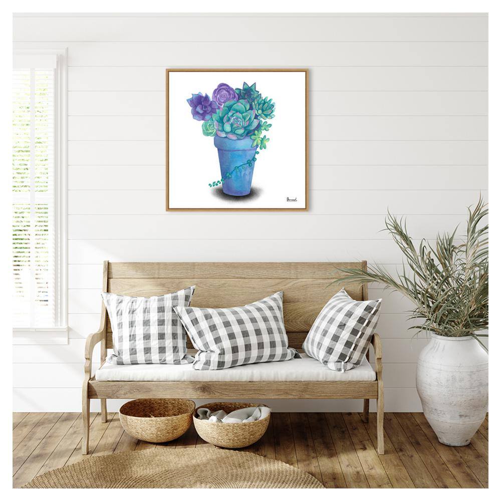 Turquoise and Purple Succulents Canvas Print with Maple Frame