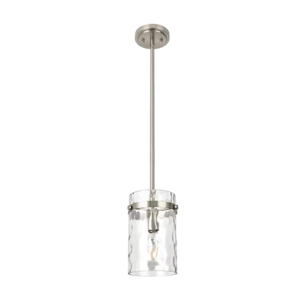 Jasslynn 60 Watt 1 Light Brushed Nickel Modern Pendant Light with Water Rippled Cylinder Glass Shade for Kitchen Island