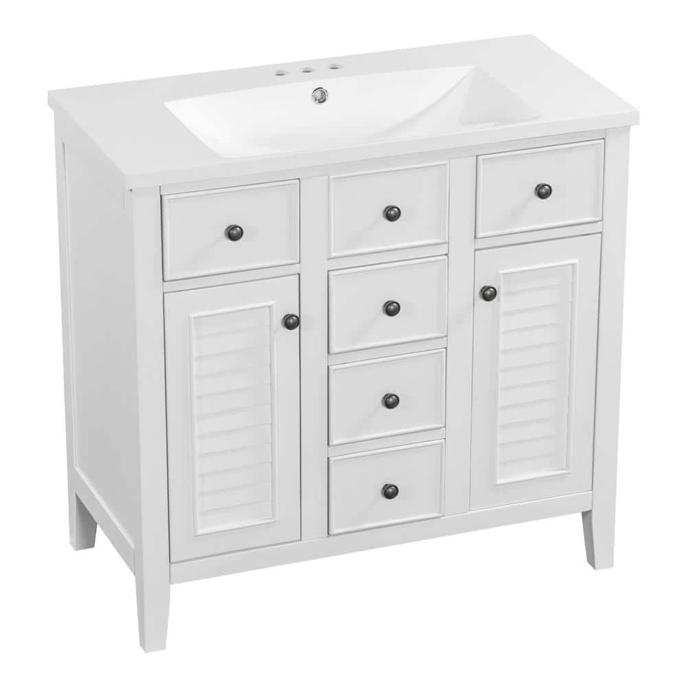 35.5 in. W x 17.7 in. D x 35 in . H Bathroom Vanity in White Solid Frame Bathroom Cabinet with Ceramic Basin Top