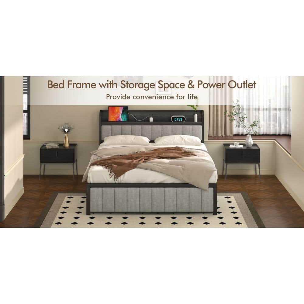 Queen Bed Frame, Black Metal Frame Platform Bed Upholstered Headboard with Storage Charging Station, Sturdy Metal Slats - thumbnail 6