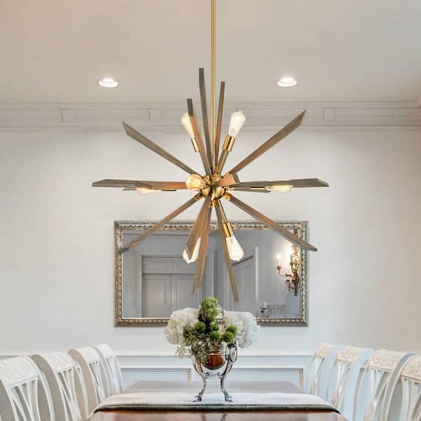 40.2 in. 8-Light Gold wooden Dimmable Sputnik Chandelier satellite Hanging Pendant Lighting