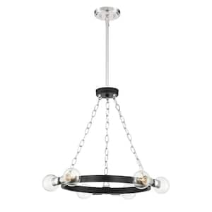 Huxton 6-Light Industrial Black and Polished Nickel Chandelier with Clear Glass Shades For Dining Rooms