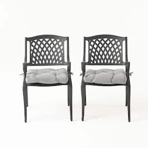 Cayman Antique Matte Black Removable Cushions Aluminum Outdoor Dining Chair with Charcoal Cushion (2-Pack)