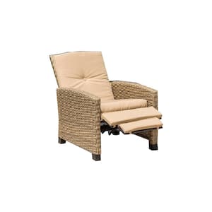 All-Weather Brown Wicker Outdoor Recliner with Khaki Cushion