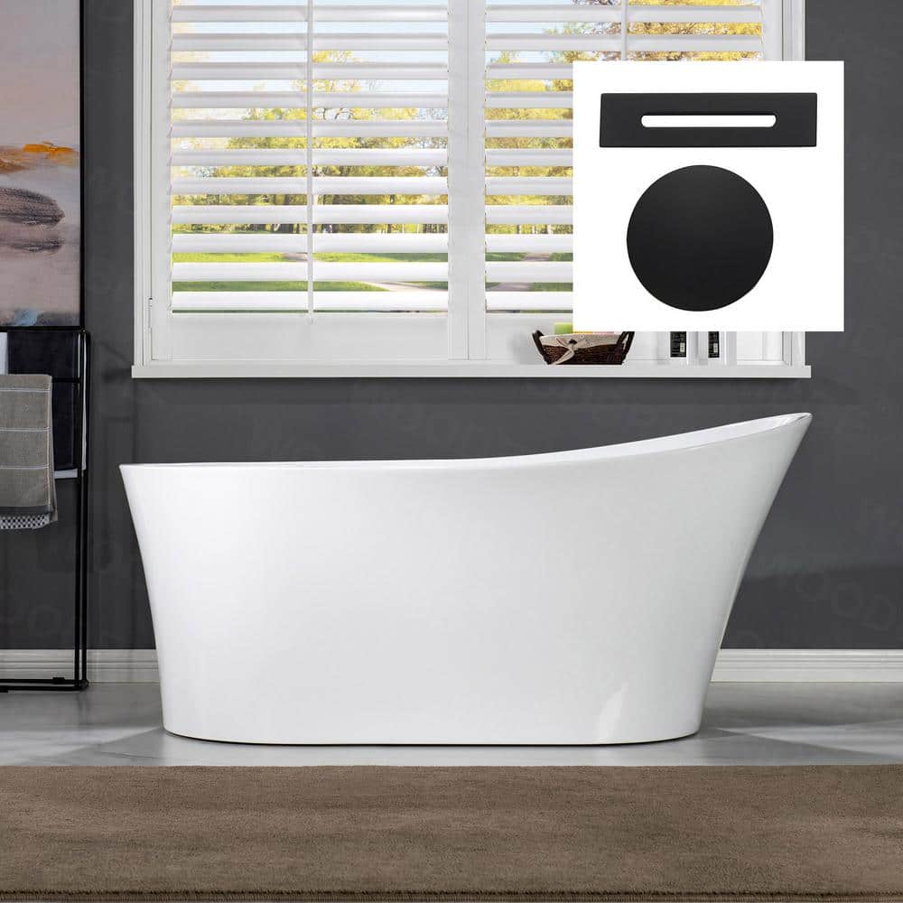 67" White Acrylic Freestanding Single Slipper Bathtub with Matte Black Trim